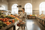 Woman shopping for healthy fruits and smoothie ingredients in a modern grocery store.