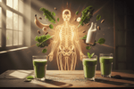 human skeleton standing upright with glowing healthy bones, beside a fresh green smoothie in a glass made from leafy greens, almonds, chia seeds, and fortified plant-based milk
