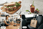 Four panel collage labeled Portions, Ingredients, Service and To Go