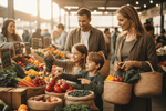 outdoor scene of parents and child buying fruits