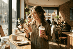 Person holding a turkey sandwich and a smoothie at a sunlit counter