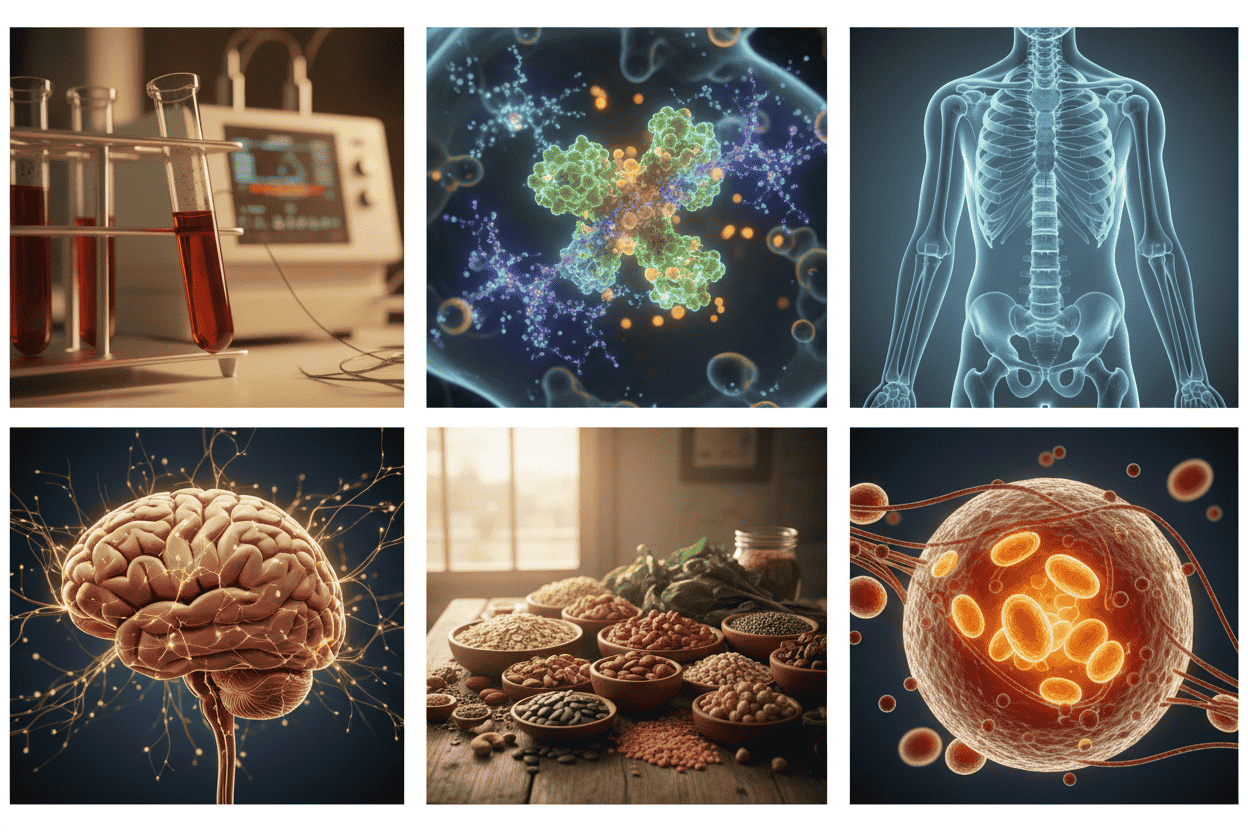 Six-panel visual explaining the role of manganese in antioxidant defense, bone, brain, and metabolism