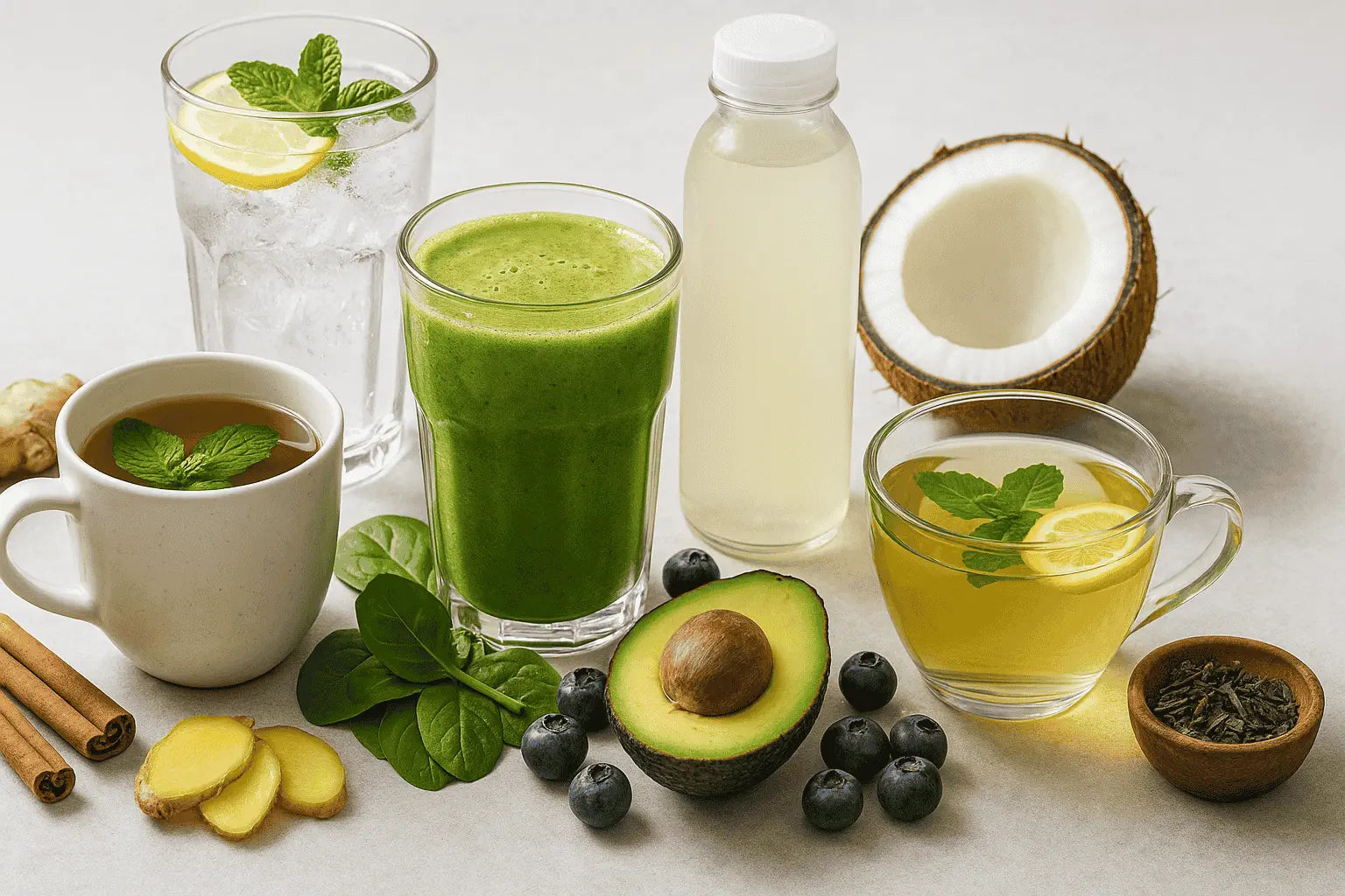 Assortment of healthy low-sugar drinks including a green smoothie, coconut water, herbal tea, sparkling water with lemon, and green tea, surrounded by fresh ingredients like avocado, blueberries, ginger, spinach, and coconut.