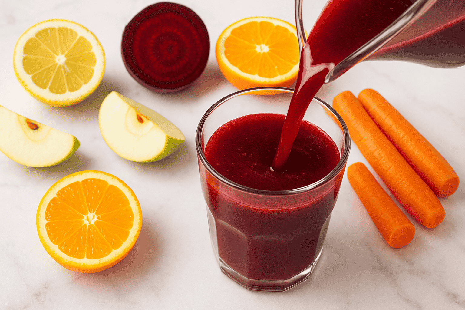 Beet juice pouring with citrus, apple, and carrots