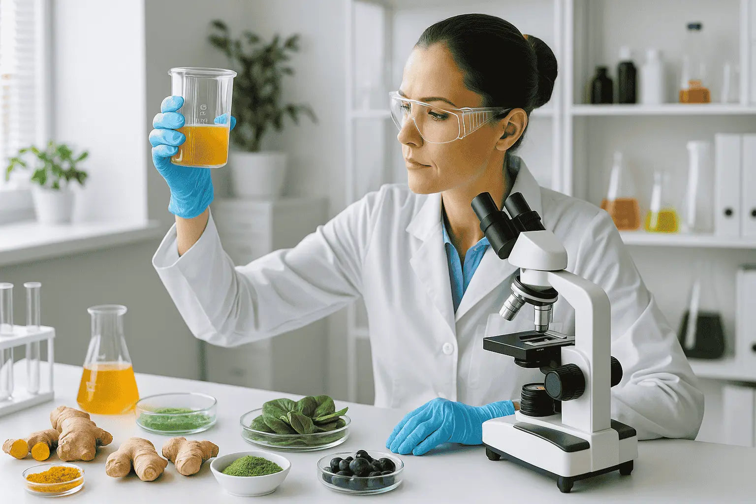 Food scientist analyzing anti-inflammatory ingredients like turmeric, ginger, matcha, spinach, and blueberries in a bright lab.
