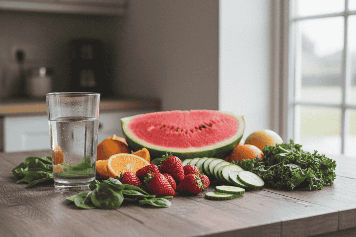 Fresh hydrating fruits and vegetables with a glass of water on a wooden table.