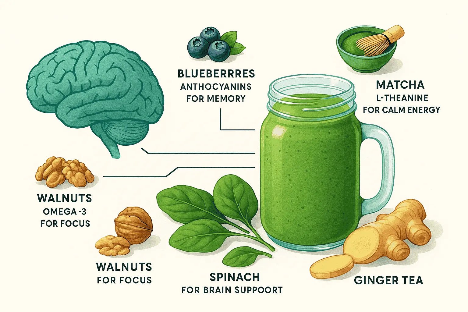 Infographic showing a green brain, a green smoothie, and ingredients like blueberries, walnuts, spinach, matcha, and ginger with labels highlighting their cognitive benefits