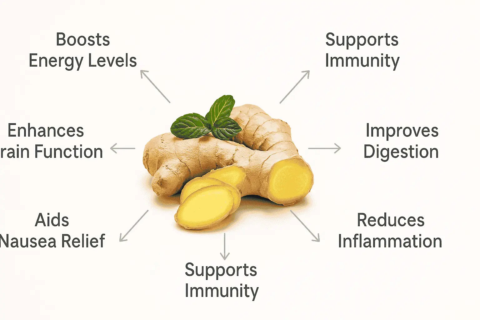Infographic showing fresh ginger at the center with arrows pointing to its energy and health benefits.