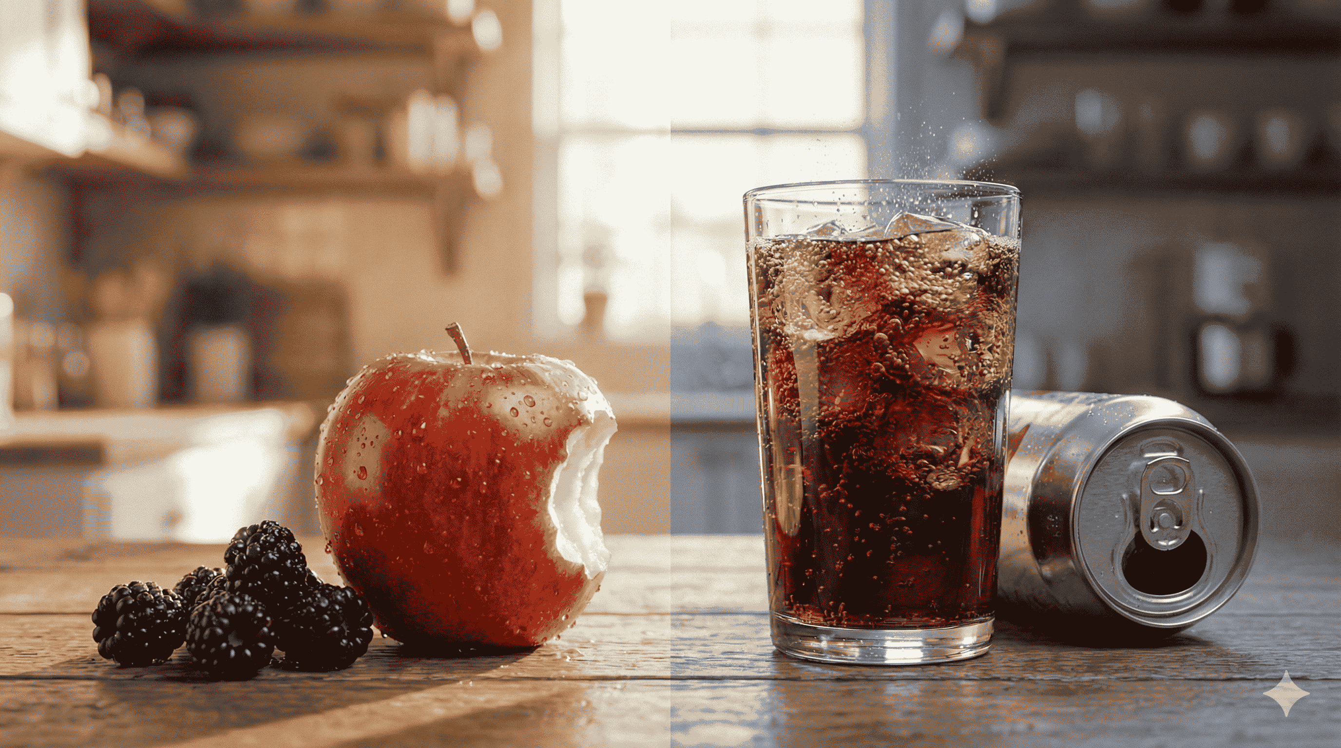 Split-screen comparison showing a fresh red apple and blackberries on the left versus a glass of fizzy soda and a can on the right.