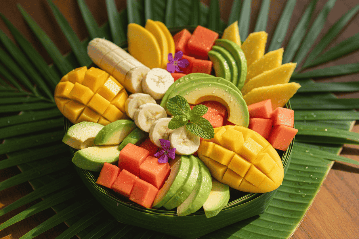 Colorful tropical fruit bowl with mango, banana, pineapple, papaya, and avocado for natural energy