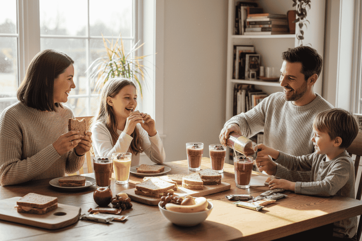 Family enjoying a lunch spread from Clean River Juice Bar
