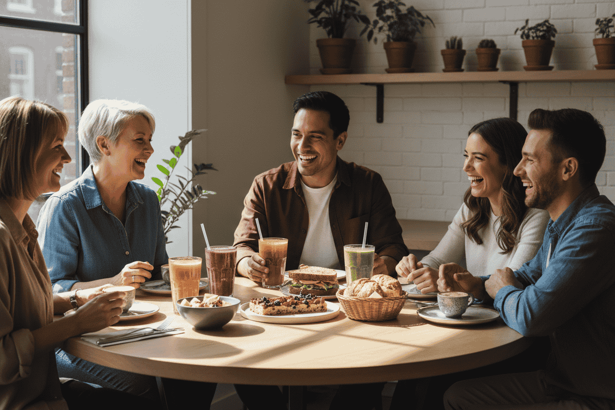 Group sharing a variety of food and drinks from Clean River Juice Bar