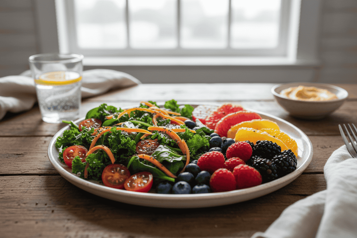 Healthy meal ingredients arranged on a kitchen counter.