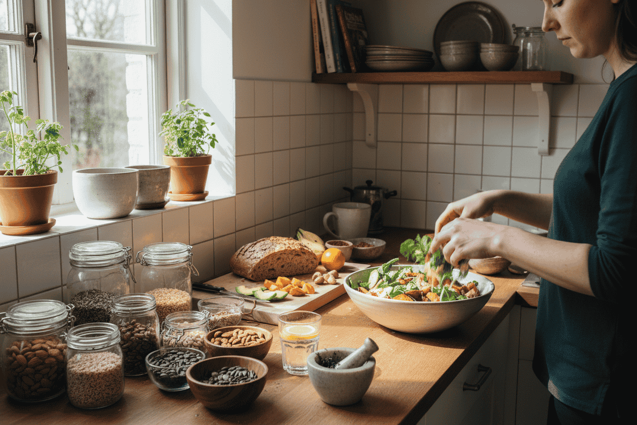 A person preparing a healthy meal in a bright kitchen, including nuts, seeds, and whole foods