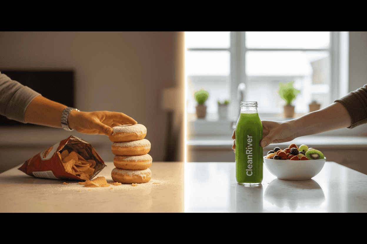 Split scene showing unhealthy cravings vs healthy juice and fruit choices.