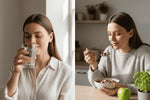 a-split-screen-concept-showing-a-woman-on-one-side-drinking-a-glass-of-water-and-on-the-other-side-eating-a-healthy-snack