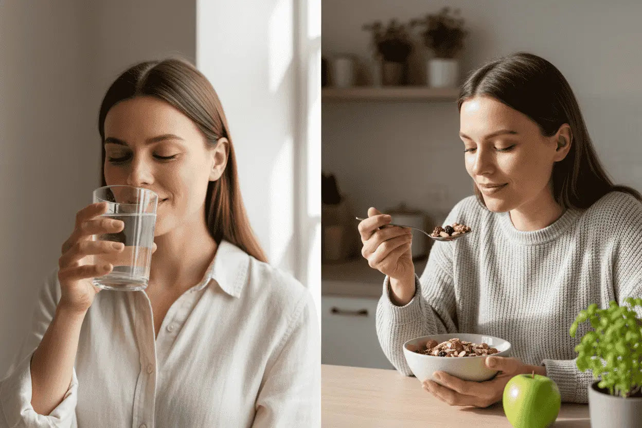 a-split-screen-concept-showing-a-woman-on-one-side-drinking-a-glass-of-water-and-on-the-other-side-eating-a-healthy-snack