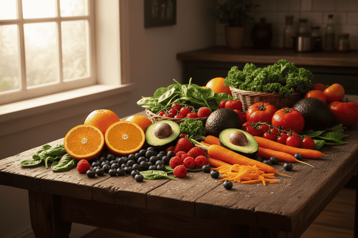 a-vibrant-arrangement-of-fresh-fruits-and-vegetables-including-oranges-berries-spinach-carrots-tomatoes-and-avocados-spread-across-a-rustic-wooden-kitchen-table