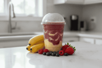 Banana-berry smoothie in a clear cup surrounded by fresh bananas and berries