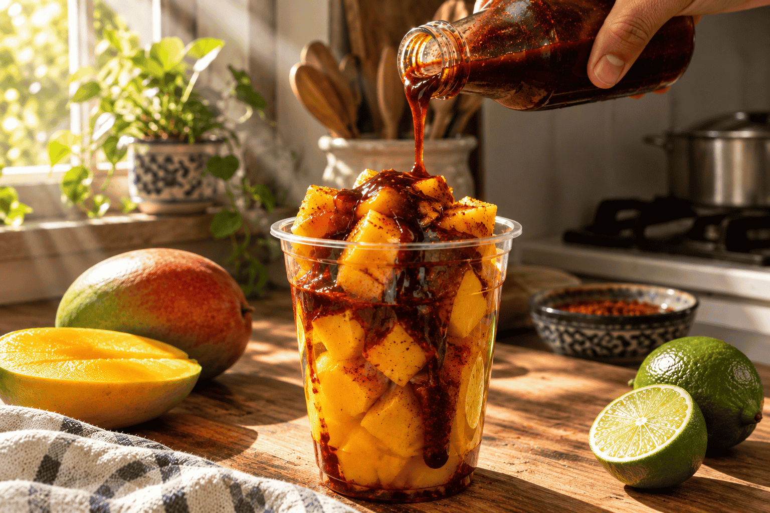 Finished mangoneada cup with tamarind candy garnish