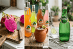 Three panel collage of halved dragon fruit, Jarritos bottles beside a clay jug, and a chilled sparkling water bottle, each with a corner label