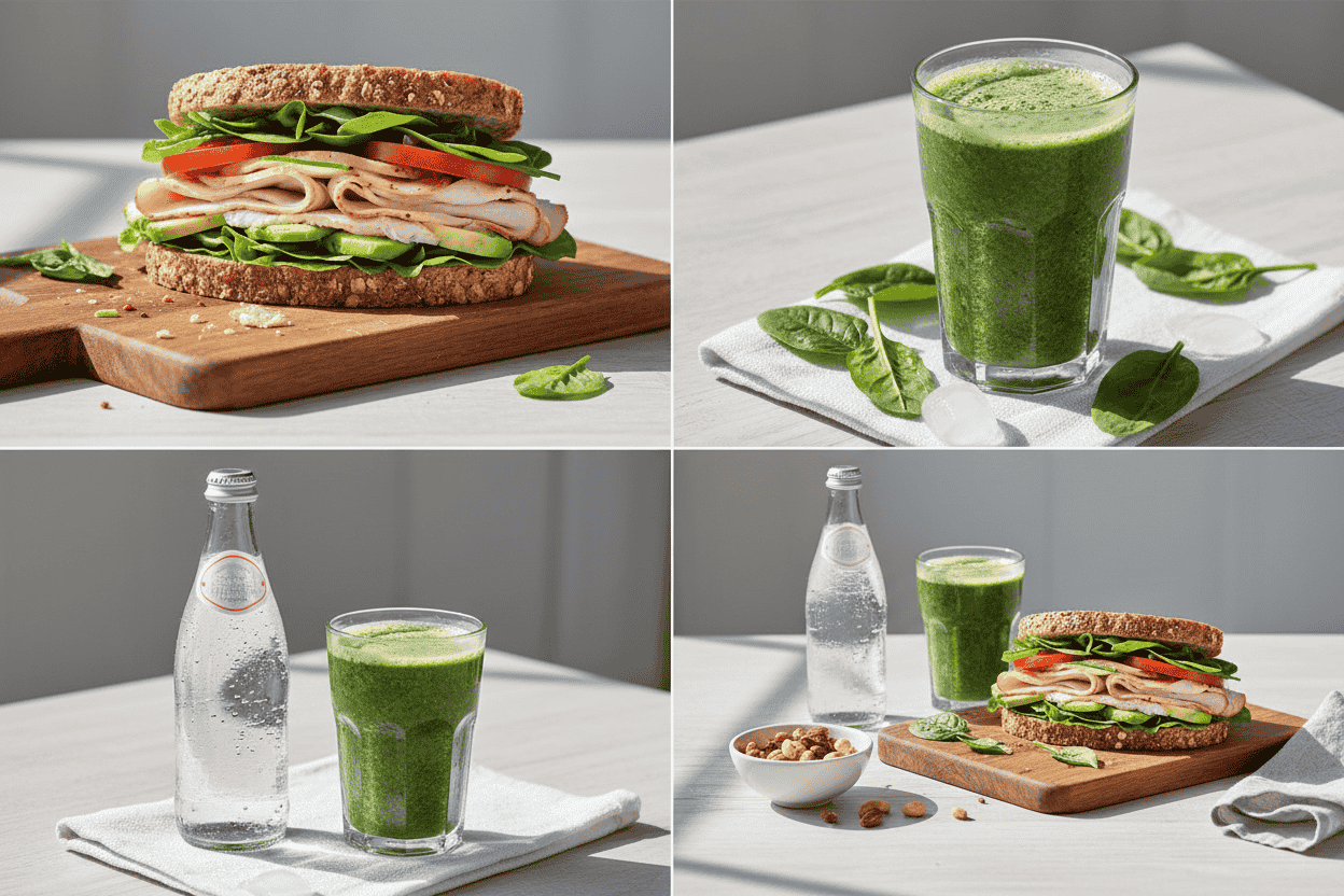 Four scenes showing protein, fiber, hydration, and a complete balanced lunch from Clean River Juice Bar
