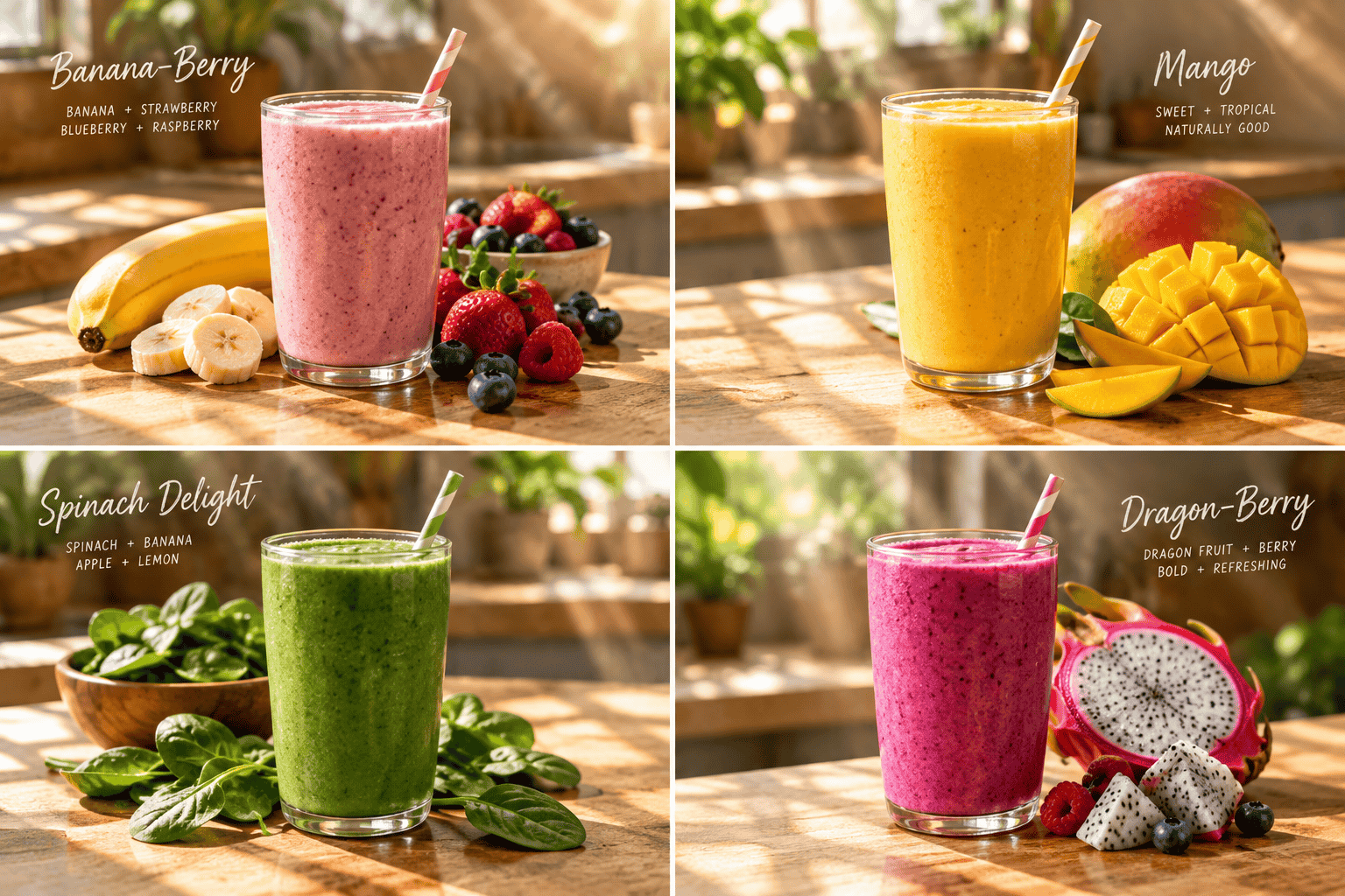 Four smoothie flavors, Banana-Berry, Mango, Spinach Delight, and Dragon-Berry, shown side by side