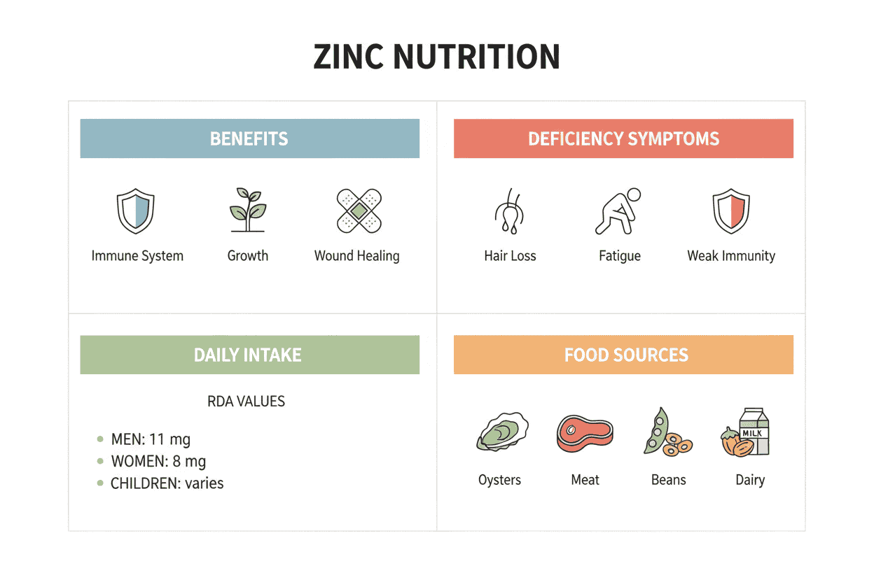 infographic about zinc nutrition, divided into clear labeled sections