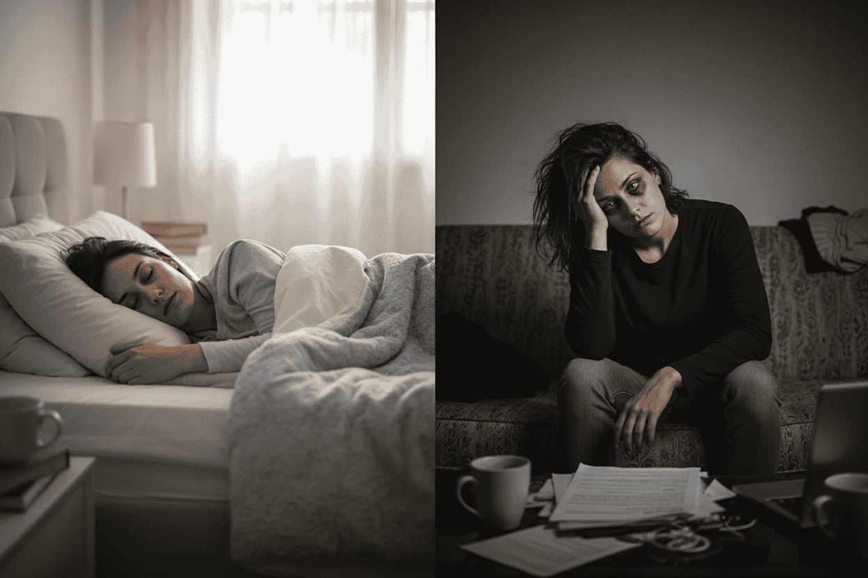 person appearing tired sleeping on the and tired with subtle emotional emptiness