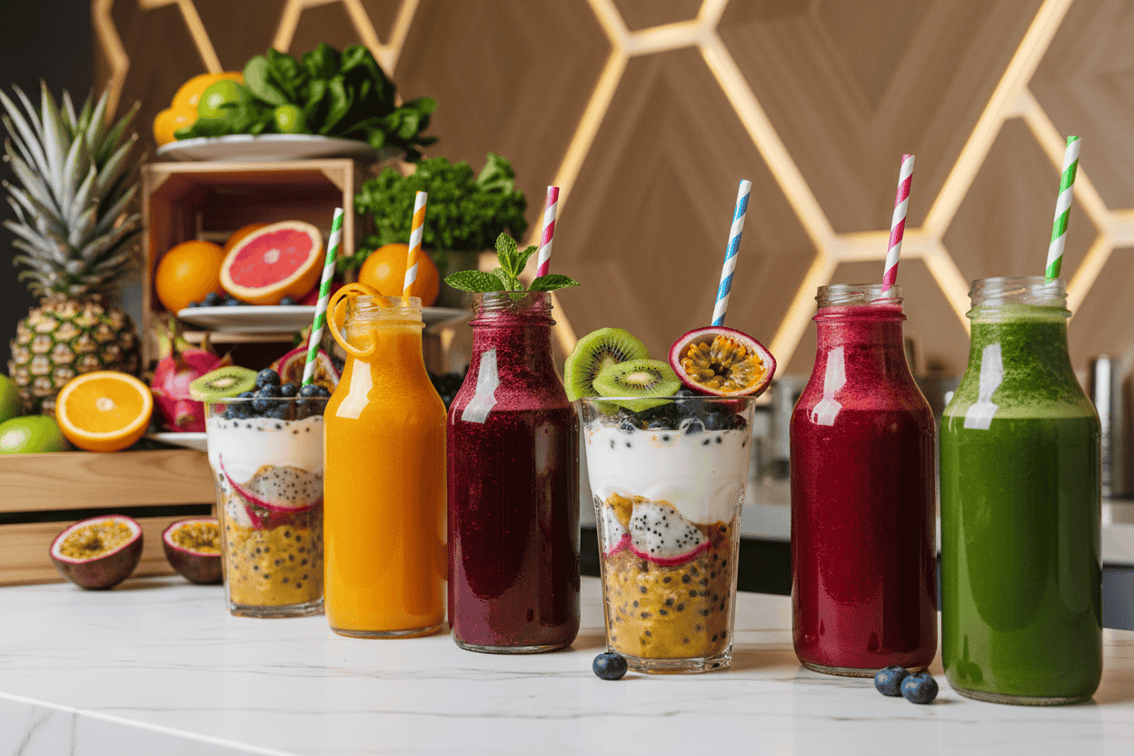 colorful fruit smoothie in a clear glass on a wooden table