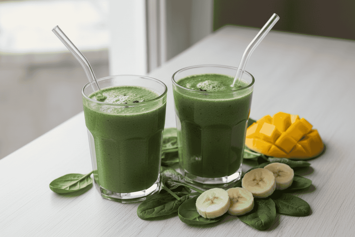 Spinach Delight smoothie surrounded by fresh ingredients
