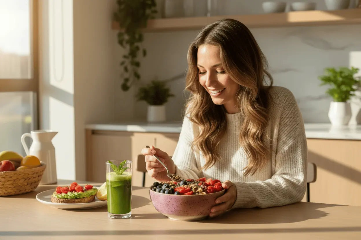 A lady taking lunch with smoothie