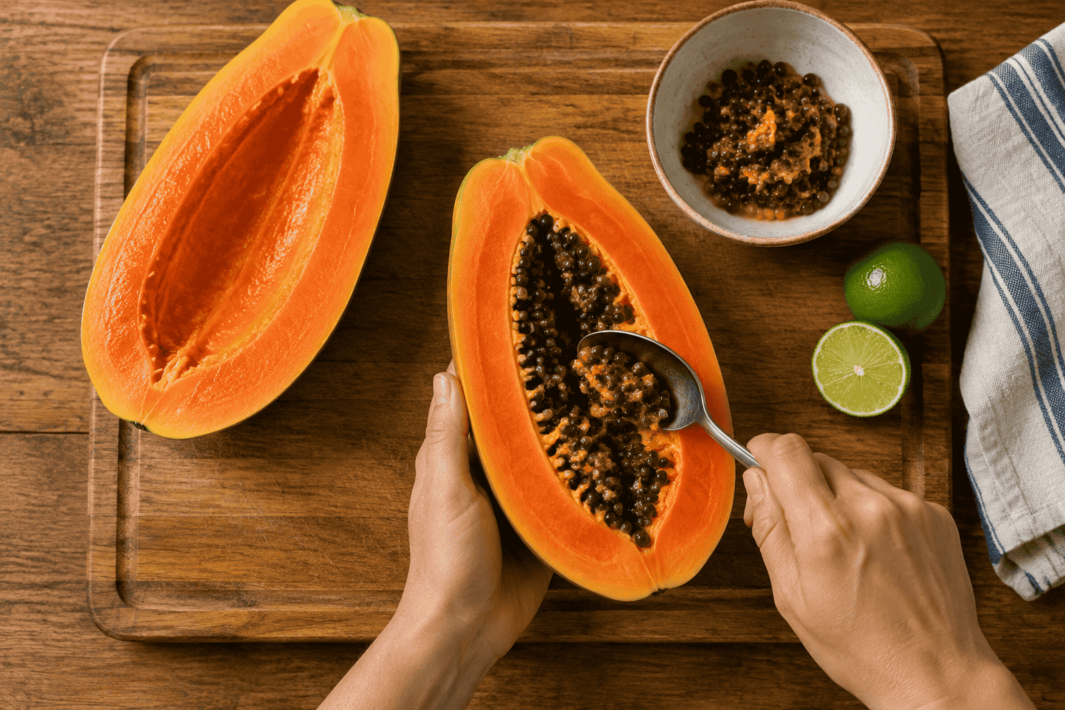 Hand scraping seeds from a halved papaya on a wooden board