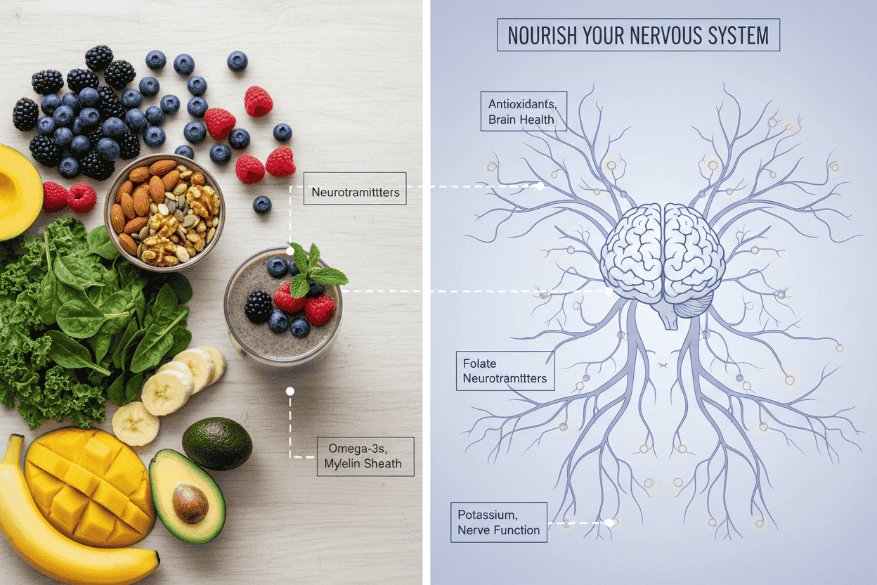 smoothie ingredients on one side and corresponding nervous system benefits on the other