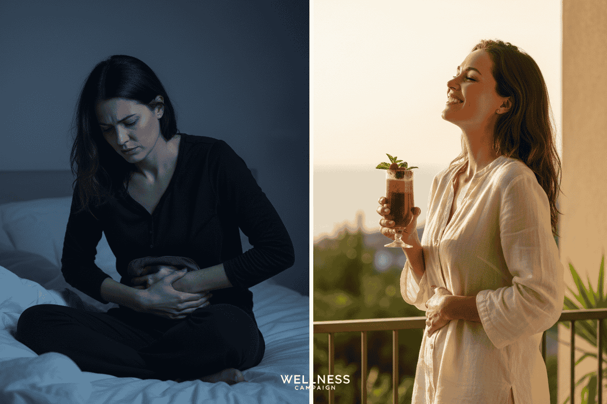 Woman feeling energized after drinking a healthy smoothie