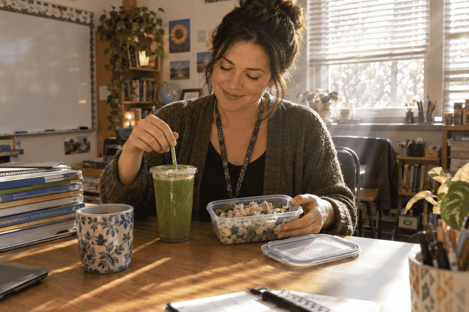 Teacher stirring a Spinach Delight smoothie beside a tuna salad lunch at a classroom desk