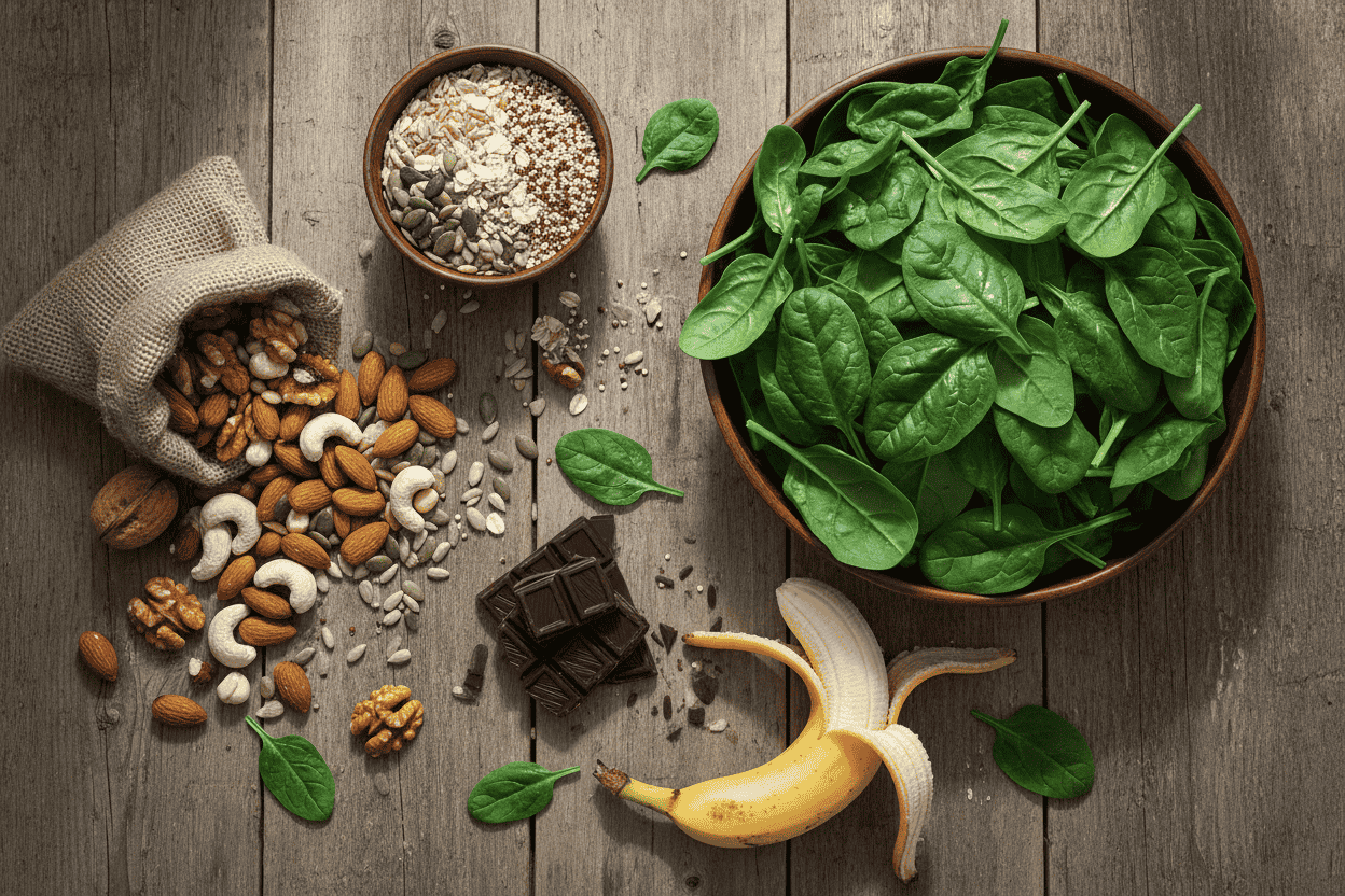 magnesium rich foods including leafy greens nuts and seeds arranged naturally on a table