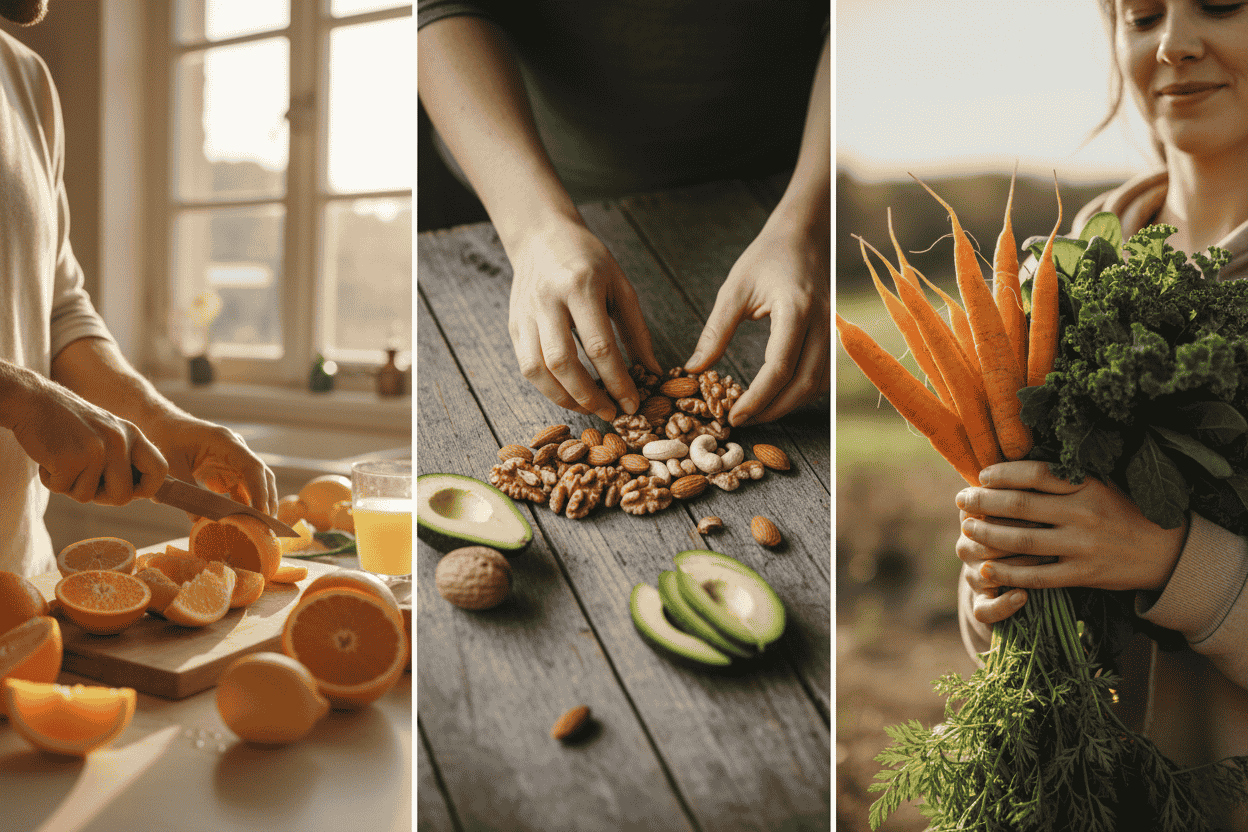 Three-panel collage showing vitamin C, vitamin E, and beta-carotene foods supporting antioxidant protection and overall health
