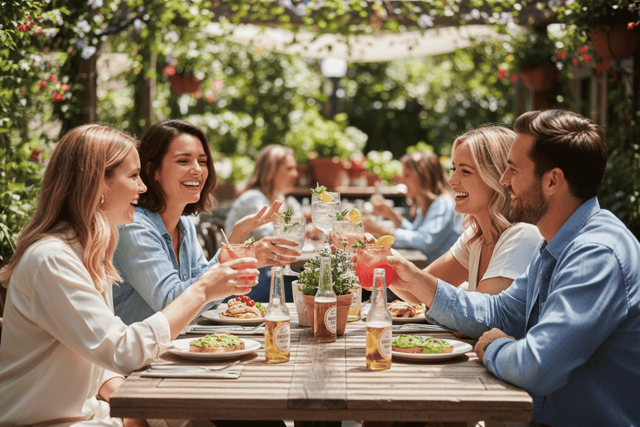 Friends enjoying drinks during a daytime social gathering.