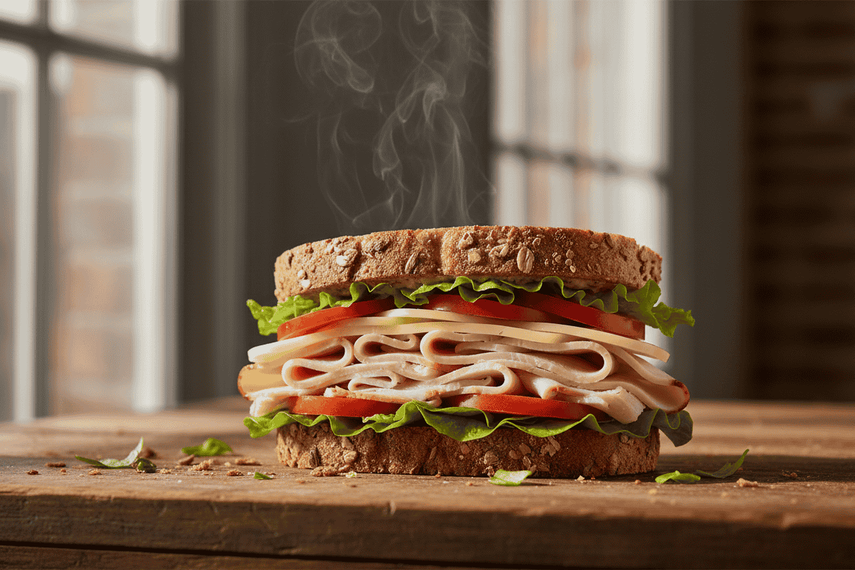 Healthy turkey sandwich with fresh vegetables and whole grain bread on rustic table