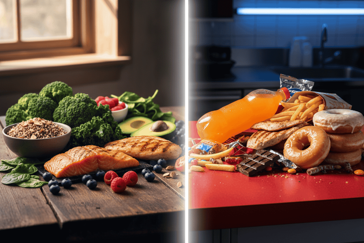 Comparison of healthy whole foods and processed junk foods.