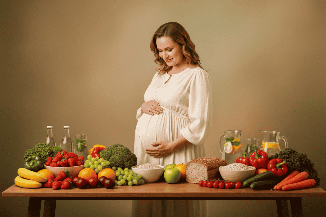 Healthy pregnancy nutrition with fresh foods supporting maternal and fetal health