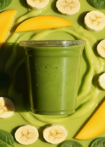 A clear plastic cup filled with a green smoothie, centered on a matching green background with banana slices, mango pieces, and spinach leaves arranged around it.