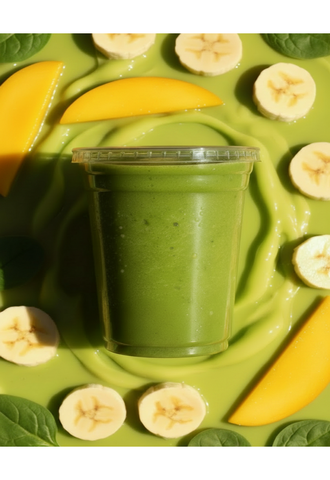 A clear plastic cup filled with a green smoothie, centered on a matching green background with banana slices, mango pieces, and spinach leaves arranged around it.