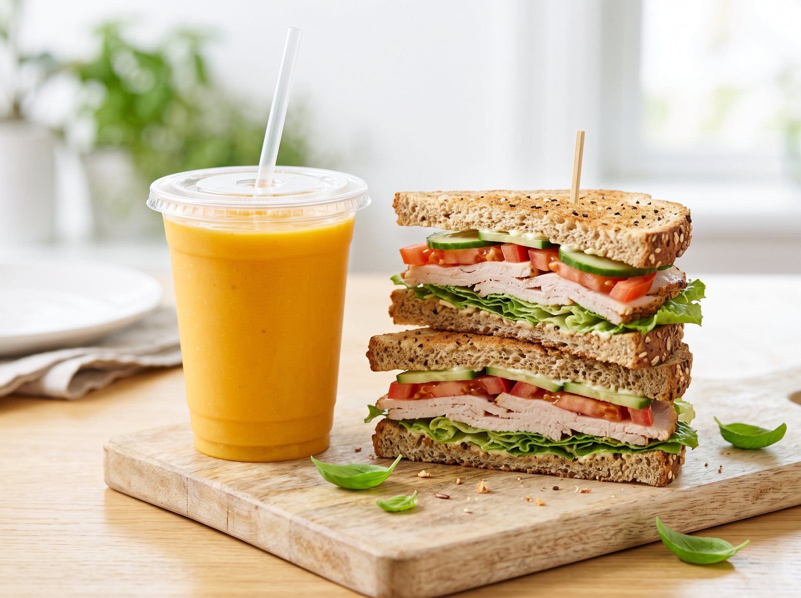 Turkey sandwich and mango smoothie lunch combo