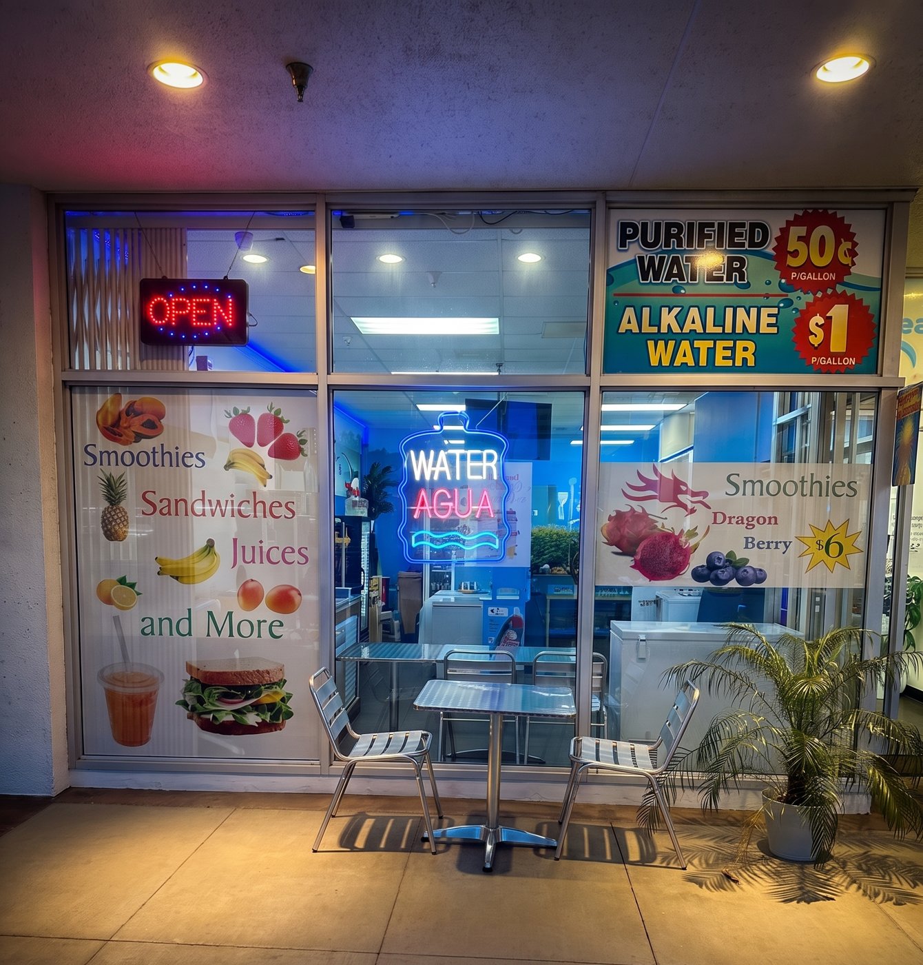Clean River Juice Bar storefront on Lyons Ave in the evening